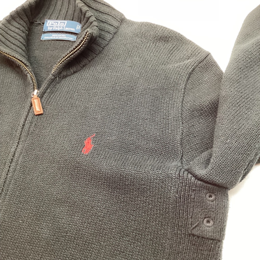 Polo Ralph Lauren Mens Black Full Zip Cotton Knit Sweater Red Pony Logo Size M